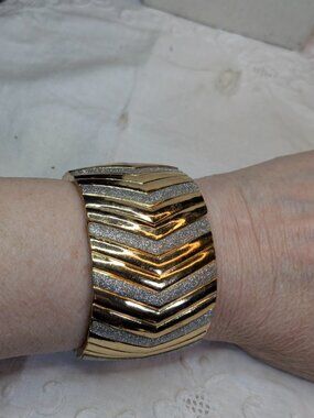 Vintage Gold & Silver Chevron Stretch Bracelet 1.75" Wide